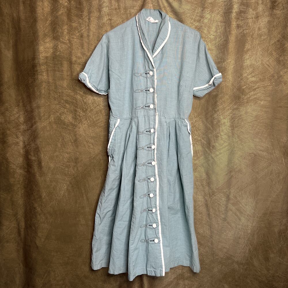 Vintage 60s Toni Todd Blue Shirt Waist Dress Blue Short Sleeve Midi Rhinestone